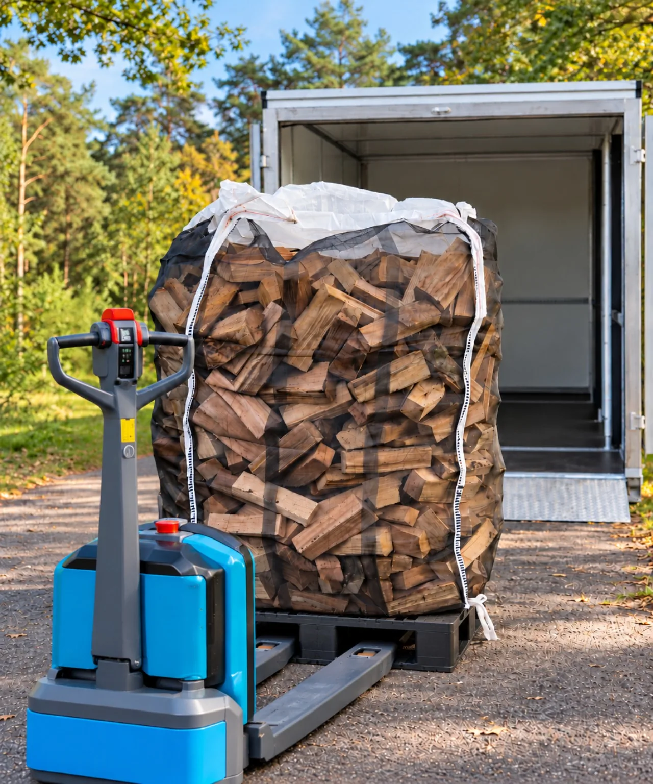 Elektrohubwagen vor einem BigPack mit gespaltenem Buchenholz auf schwarzer Palette, dahinter ein Kofferanhänger mit abgesenkter Rampe